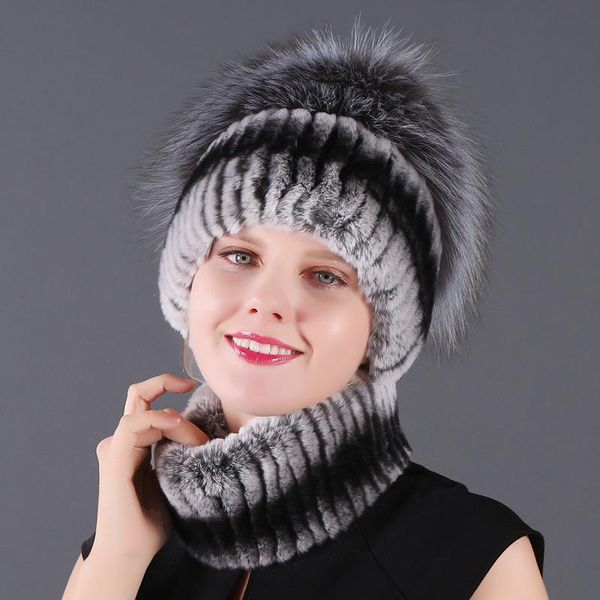 Beanie/Totenkopfkappen Hochwertige echte Rex-Pelzmützen Schal Zweiteilige Accessoires Herbst und Winter Frauen Allgleiches Warmhalten Pullover Hut SetBea