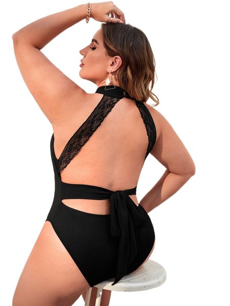 

plus contrast lace tie backless halter bodysuit l102#, Black