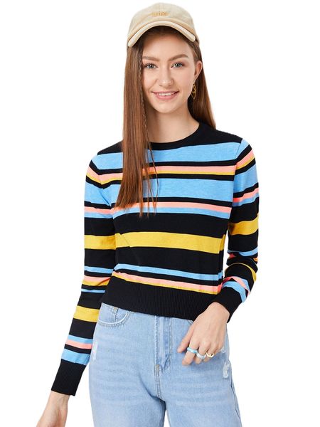 

round neck striped sweater a58u#, White;black