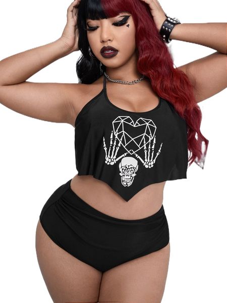 

plus heart & skeleton print ruched high waist bikini swimsuit s4tg#, White;black