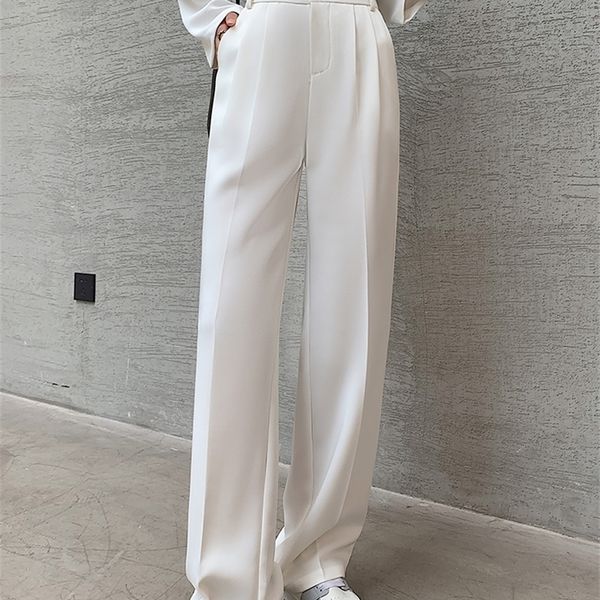 

yitimoky white pants for women office lady high waist clothes work korean fashion black full length side stripe trousers 220325, Black;white