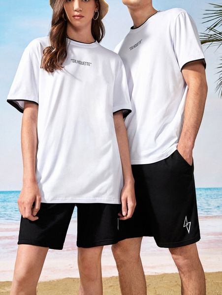 

1pc letter graphic contrast trim tee d9hw#, White;black