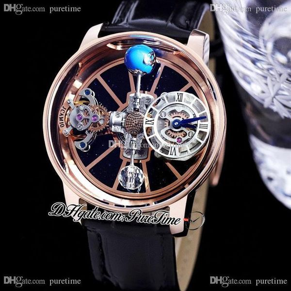 

2022 astronomia tourbillon swiss quartz mens watch rose gold blue sky skeleton 3d globe dial black leather strap super edition pur261a, Slivery;brown