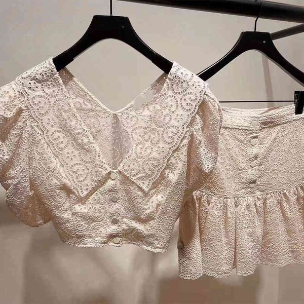 

two piece dress spring and summer beige hook flower hollowed out bubble sleeve five point short + half skirt, White