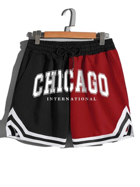 

men colorblock letter graphic drawstring waist shorts g1ge#, White;black