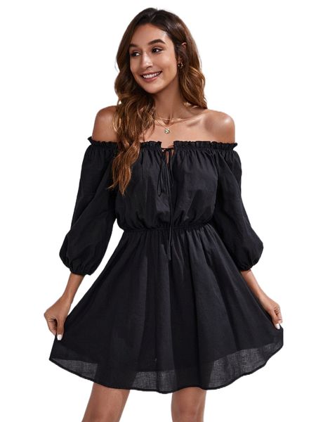 

off the shoulder frill trim dress l5fp#, Black;gray