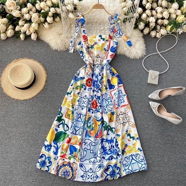 

fashion runway summer dress 2021 new women s bow spaghetti strap backless blue and white porcelain floral print long dress 210320, Black;gray