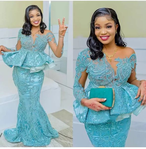 

blue prom dresses jewel neck peplum custom made floor length lace applique beaded long sleeves evening party gowns formal occasion wear vest, Black