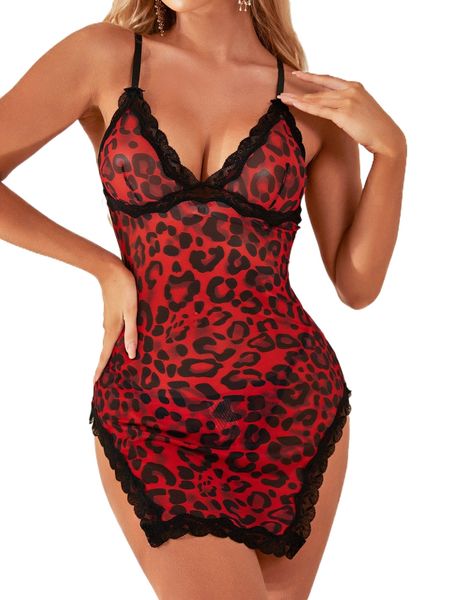 

leopard print contrast lace -slit hem mesh slips & thong p8gg#, Black;red