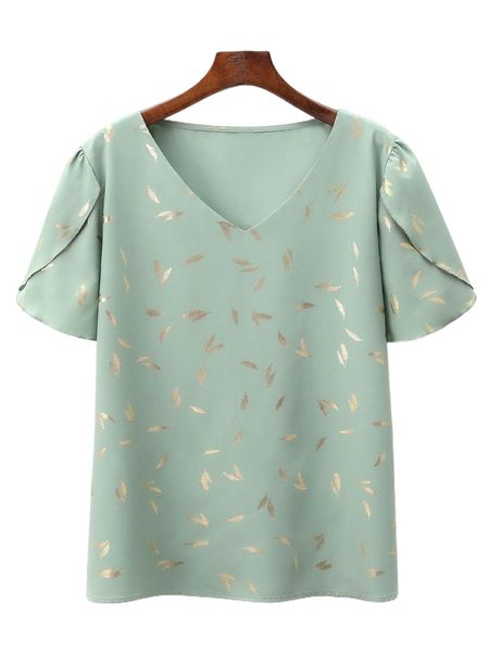 

plus plants print petal sleeve blouse w2jz#, Black