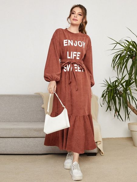 

slogan graphic drop shoulder ruffle hem belted dress g8pj#, Black;gray