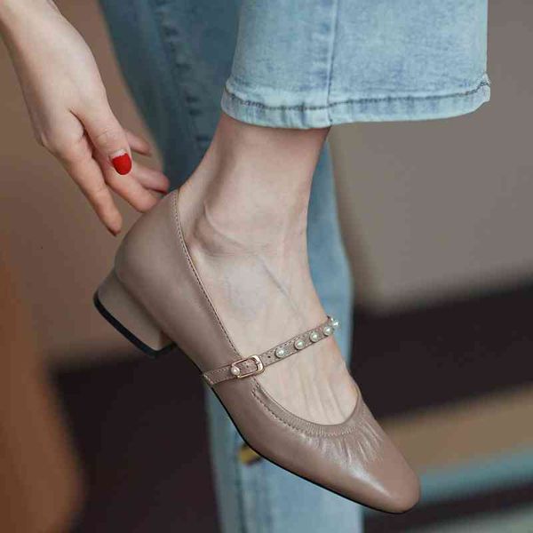 

sandals square head pearl pleated one line buckle single shoes spring simple shallow mouth thick heel mary jane 7xw3, Black
