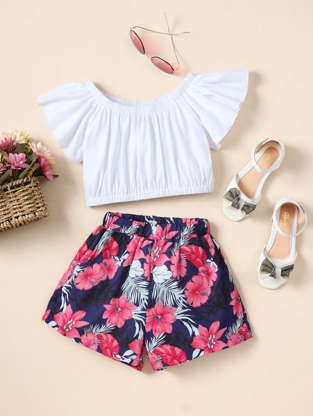 

girls flutter sleeve & tropical print shorts she, White