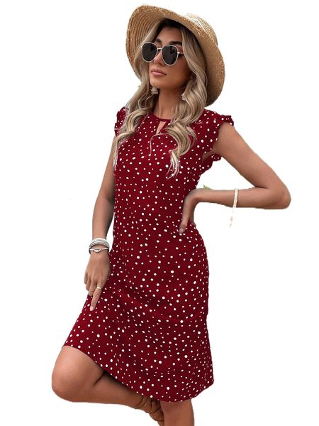 

polka dot keyhole neck frill trim tunic dress f14x#, Black;gray