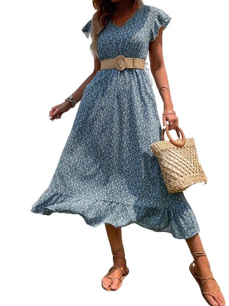 

ditsy floral print butterfly sleeve ruffle hem dress without belt 12lw#, Black;gray