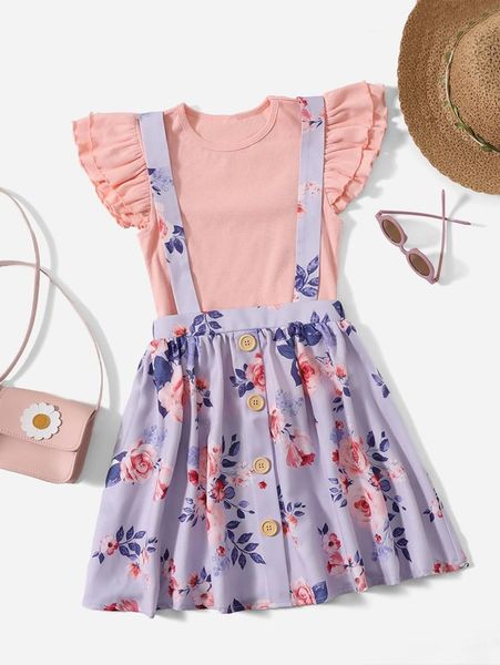 

girls floral print ruffle trim & overall dress she, White