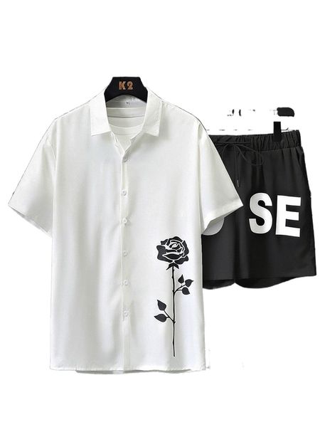 

men floral print shirt & letter graphic shorts without tee m8gf#, Gray