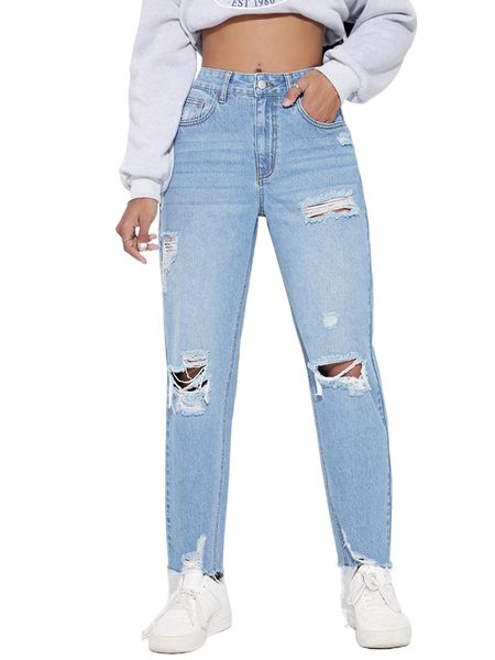 

high waisted ripped raw hem jeans p0wt#, Blue