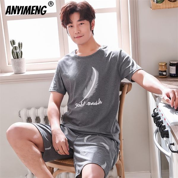 

big pajamas set for men summer two piece sleepwear shorts sleeved plus size 3xl 4xl loungewear cotton nightwear 220705, Black;brown
