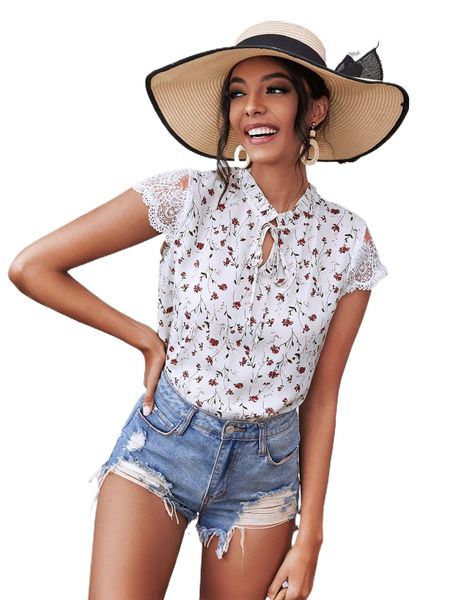 

f.loral p.rint t.ie f.ront c.ontrast l.ace b.louse z4gi#, White