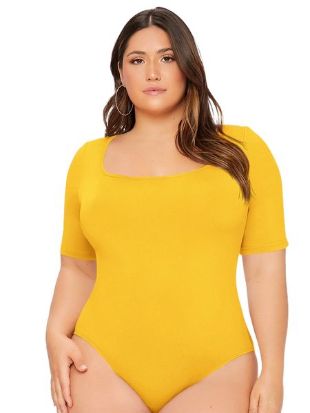 

plus solid scoop neck bodysuit 68pt#, Black
