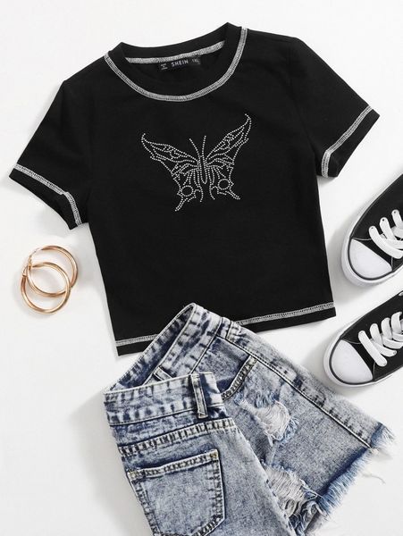 

plus rhinestone butterfly pattern stitching tee i7vj#, Black