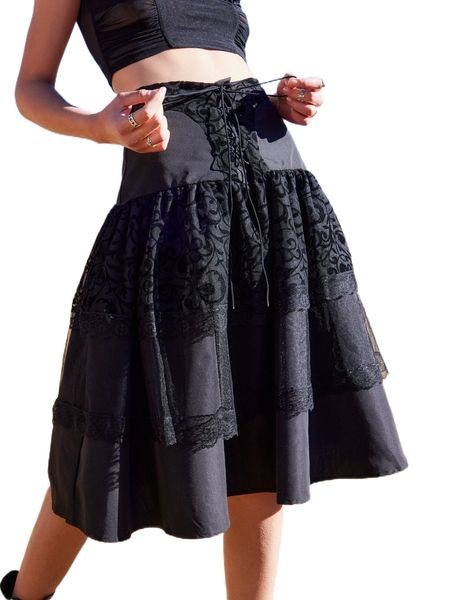 

romwe lace up contrast lace skirt d9ze#, Black