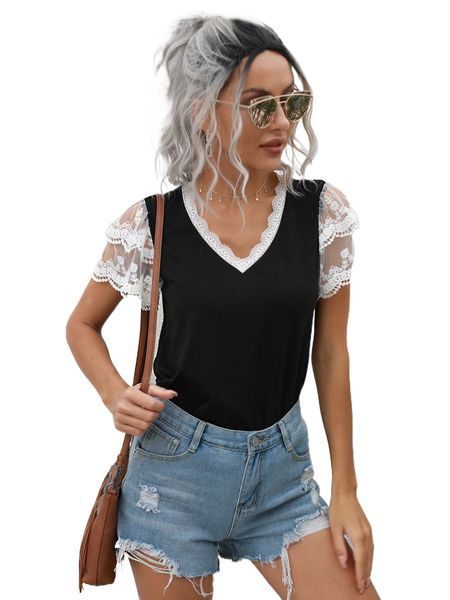 

contrast guipure lace v neck tee c5wm#, White