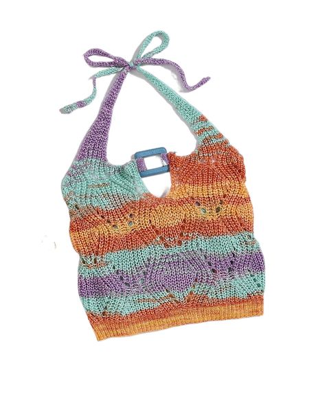 

colorblock ring linked eyelet detail tie back halter knit l0ng#, White;black