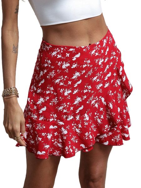 

ditsy floral ruffle hem skirt l3pv#, Black