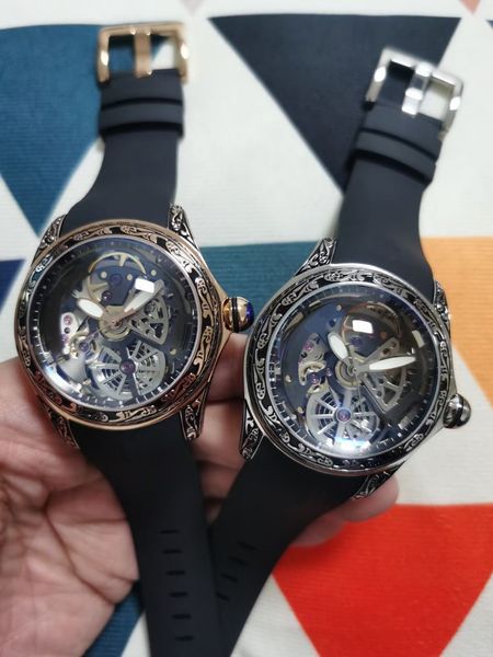 

men's watch, mechanical movement, stainless steel vintage pattern case, rubber strap, buckle, Slivery;brown