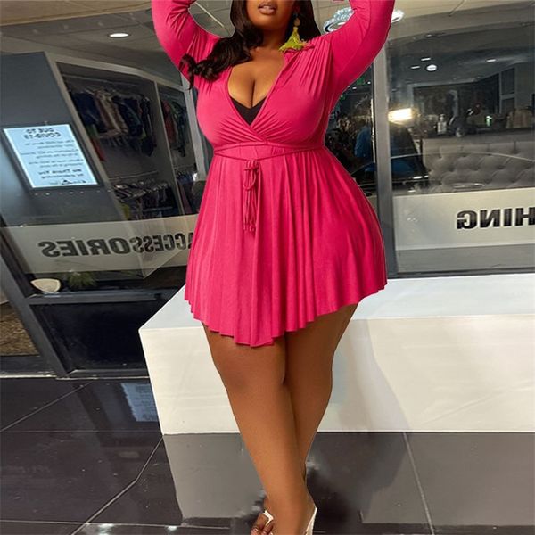 

plus size women clothing sizes es with lace up v neck long sleeve bodycon mini dress drop wholesale 220713, Black