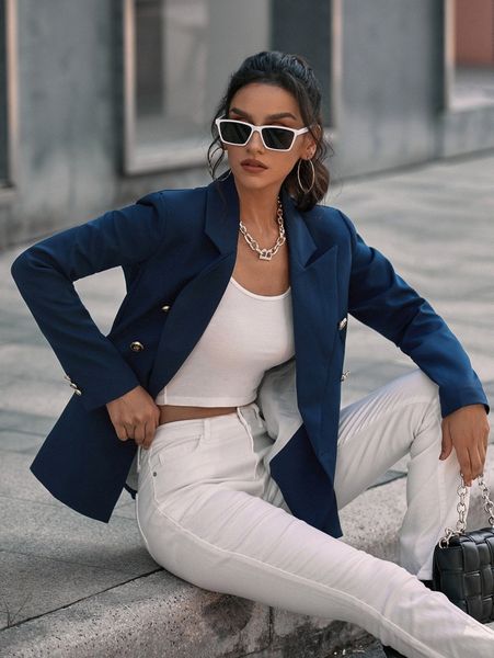 

double breasted decor pocket blazer d0dy#, White