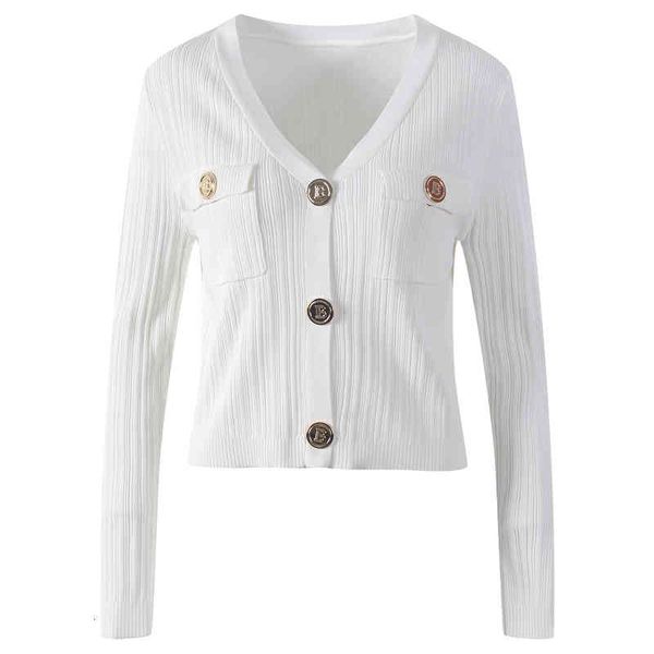 

women's knits tees autumn simple solid color v-neck knitted cardigan jacket french temperament long sleeve pocket ml7d, White