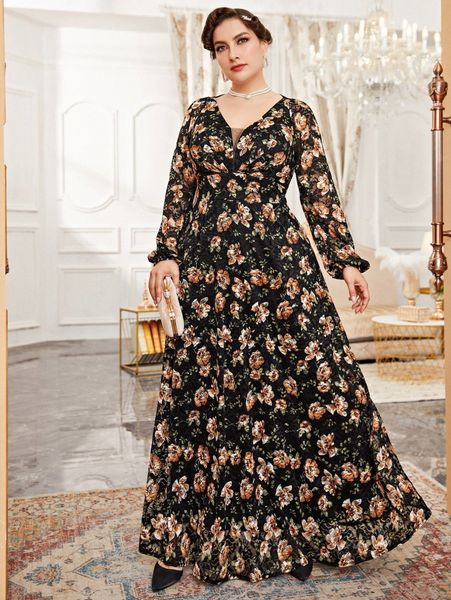 

plus floral print lantern sleeve lace dress r9xa#, Black