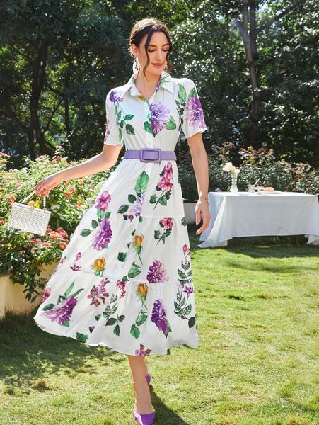 

floral print ruffle hem dress without belt c7wj#, Black;gray