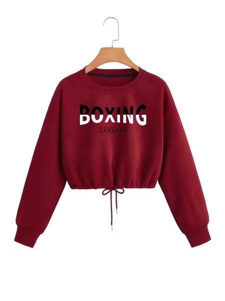 

letter graphic drawstring hem drop shoulder thermal crop pullover 42a0#, Black