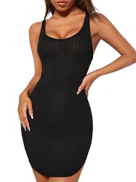 

petite crisscross back curved hem tank dress o1on#, Black;gray