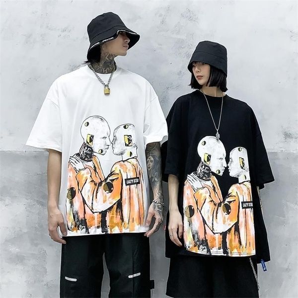 

nicemix summer tshirt robot printing o-neck mid-sleeved t-shirt men loose high street short sleeve t shirt for male dropshiping t200224, White;black