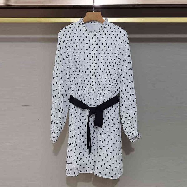 

casual dresses fadan  family spring and summer style fungus collar waist dot print pleated women's dress, Black;gray