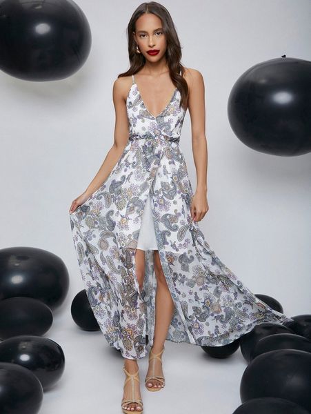 

tie backless allover paisley print chiffon slip dress a62r#, Black;gray