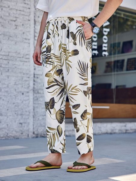 

men random tropical print drawstring waist tapered pants t1yn#, Black