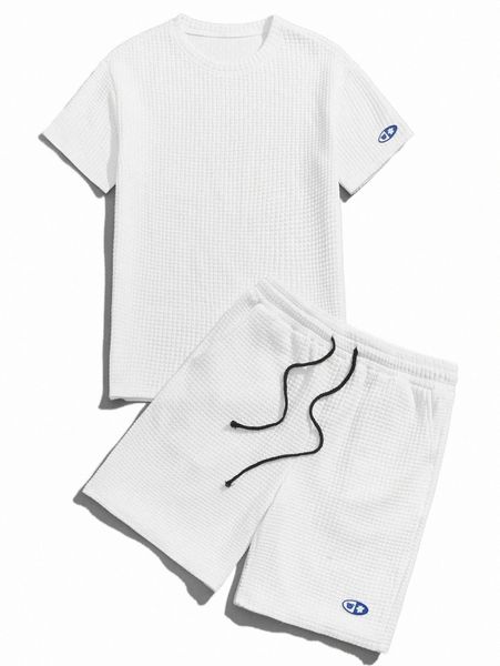 

romwe guys cartoon patched waffle knit tee & shorts r95d#, Gray