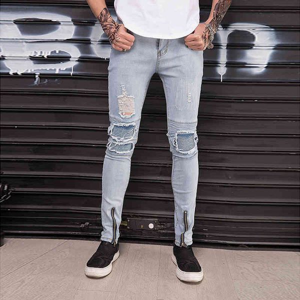 

men's jeans pants youth korean fashion slim fit versatile men's jeans hole elastic dzvm, Blue
