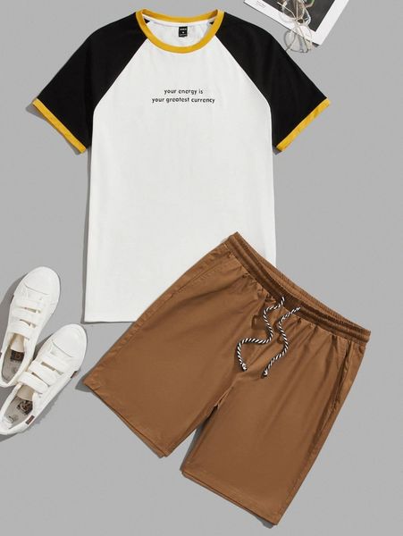 

men slogan graphic raglan sleeve tee & drawstring waist shorts y9jt#, Gray