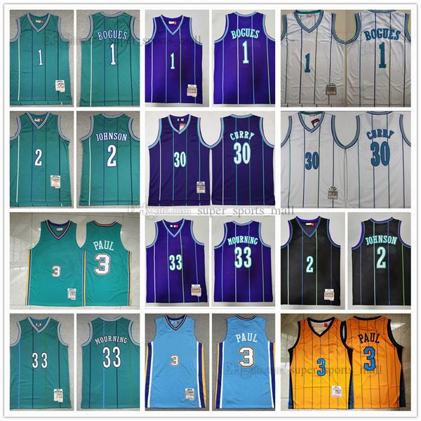 

retro mitchell&ness basketball jerseys 1 tyrone 2 larry muggsy johnson 30 dell 33 alonzo curry mourning chris 3 paul jersey stitched green y, Black;red