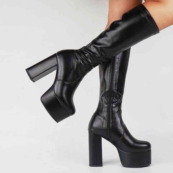 

boot ribetrini big size 43 platform block high heels zipper mid calf women boots black party dress quality fashion ladies shoes 220325