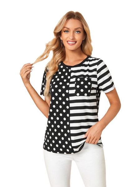 

emery rose striped & polka dot pocket front tee g0cw#, White