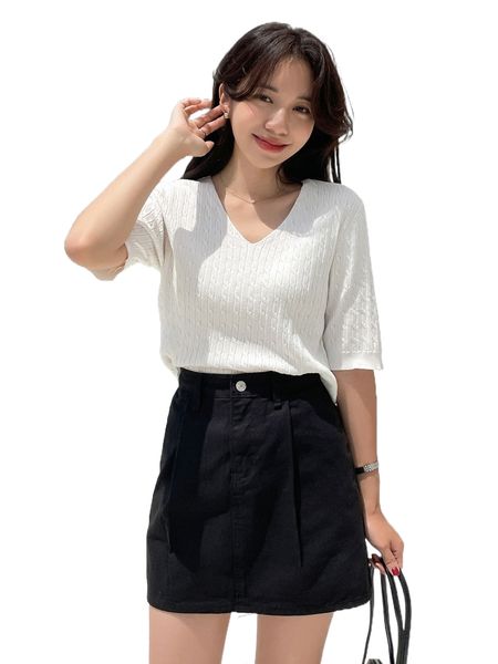 

dazy solid v-neck cable knit w6nk#, White;black