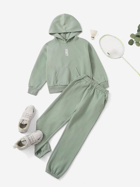 

girls letter graphic thermal lined hoodie & sweatpants she, White